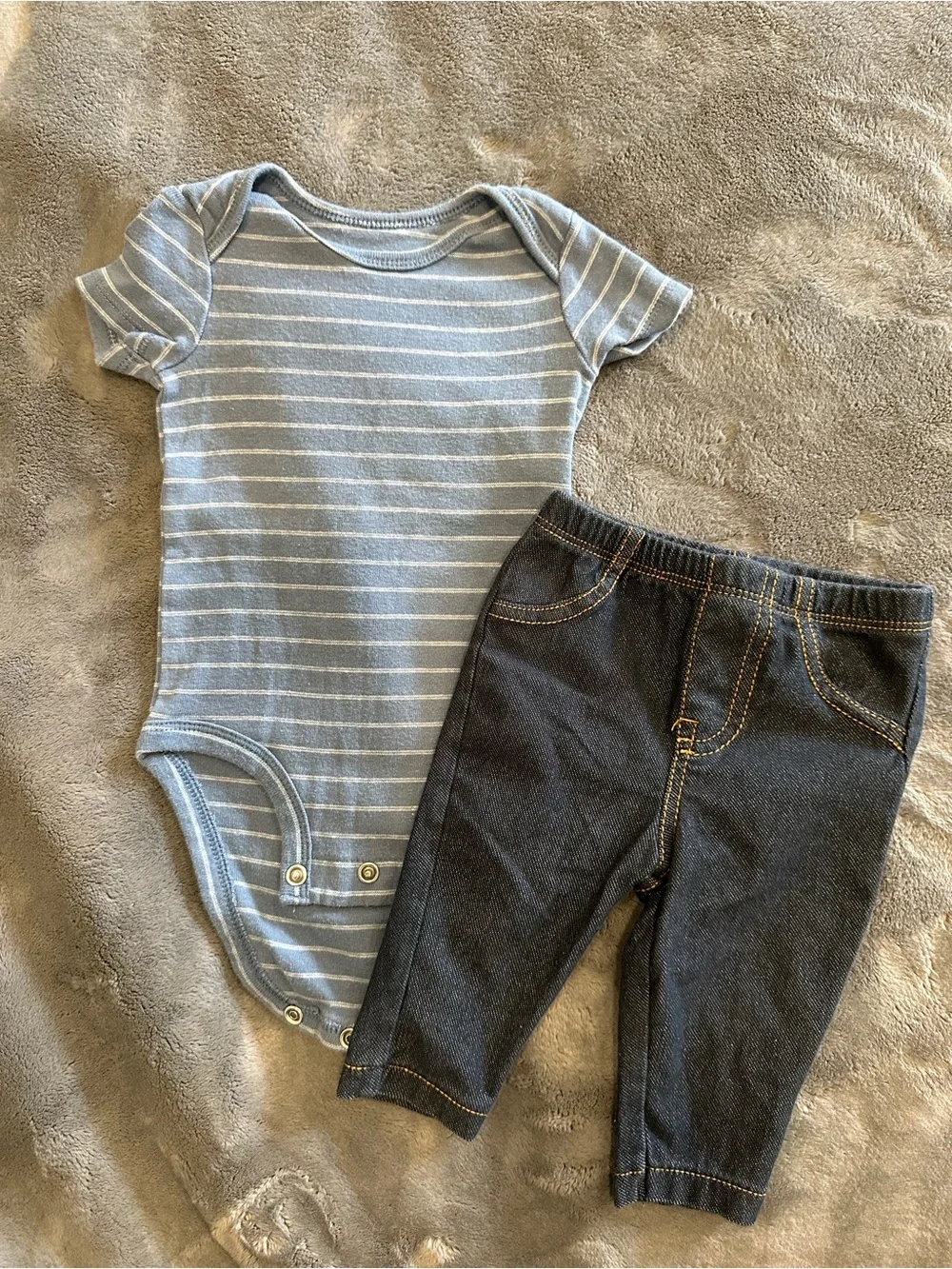 Carter's Light Blue & White Striped One-Piece with Dark Denim-Look Pants